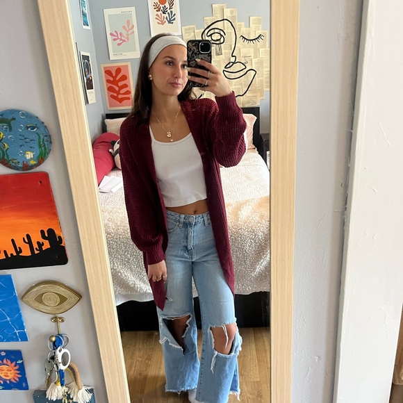 Women's Burgundy Sweater Cardigan - Picture 2 of 3